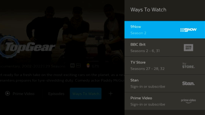 Image of Top Gear search result, highlighting availability from several services.