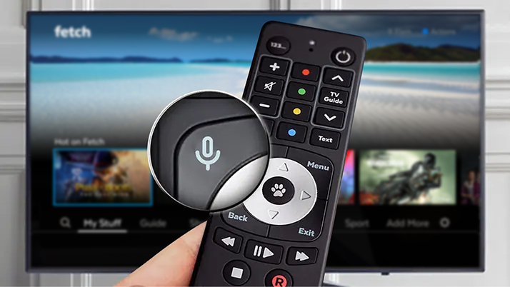 Image of remote control, highlighting voice search button.
