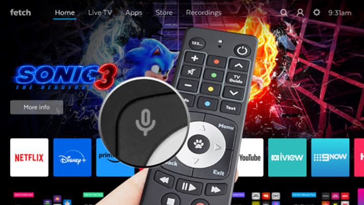 Image of remote control, highlighting voice search button.